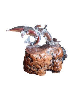 Vintage Handcrafted Wooden Burl & Glass Dolphin Sculpture 5" Desk Decor Hawaii
